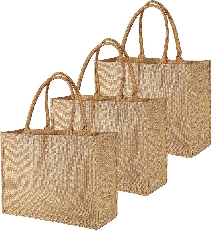 Photo 1 of BeeGreen 3 Pack Burlap Tote Bags Bulk w Inner Zipper Pocket & Cotton Handles Laminated Interior X-Large Jute Gift Tote Beach Bag Full Gusset for Mother's Day Teacher Bridesmaid Wedding DIY