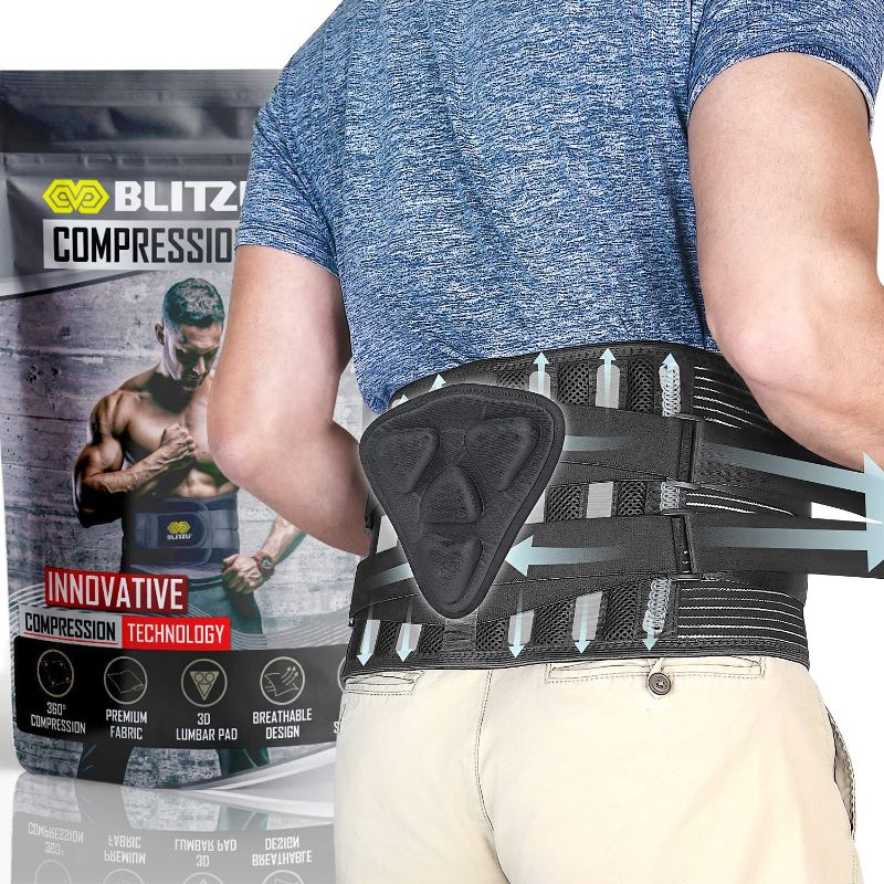 Photo 1 of BLITZU Back Brace for women and men. Lower back pain relief products for Herniated Disc, Sciatica, Scoliosis, Heavy lifting and more! Breathable Back Support Waist Belt with Lumbar Pad. Size Large
