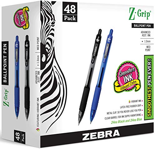 Photo 1 of ZEBRA PENS Bulk Pack of 48 Ink Pens, Z-Grip Retractable Ballpoint Pens Medium Point 1.0 Mm, 24 Black Pens & 24 Blue Pens Combo Pack
