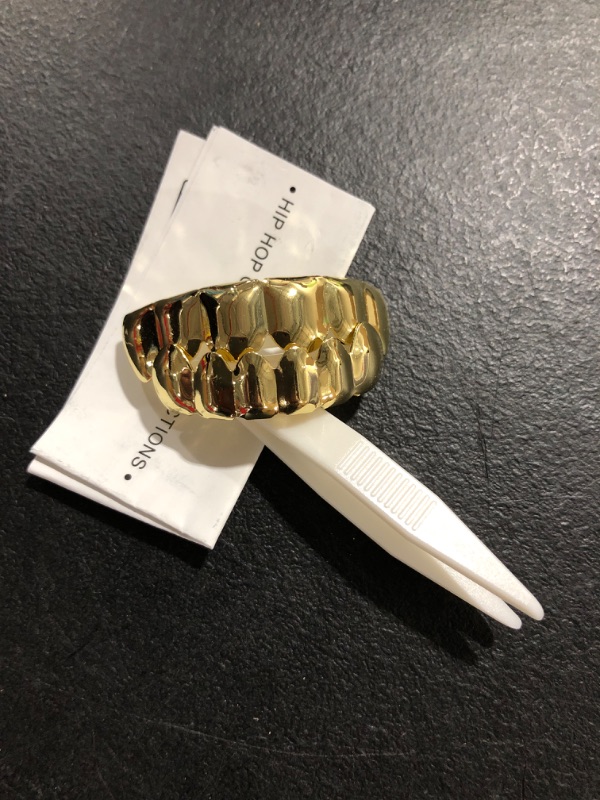 Photo 2 of 24K Gold Plated Hip Hop Teeth Grillz Punk Custom Fit Teeth Grillz Caps Top and Bottom Grill Set Removable Hip Hop Mouth Grills For Women Men Gift Halloween Party Photo Fancy Dress Accessories Gold