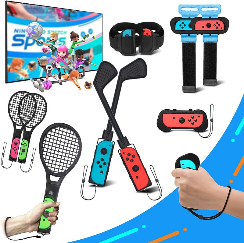 Photo 1 of Switch Sports Accessories Bundle,10 in 1 Switch Accessories Kit for Nintendo Switch Sports Games&Switch OLED with Golf Clubs/Just Dance Wrist Bands/Soccer Leg Straps/Joy-con Grip Cases/Tennis Rackets
