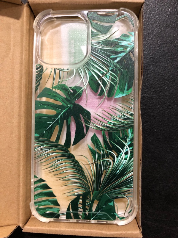 Photo 2 of VeJerKK Case Compatible with iPhone 13 Pro Max 6.7 Inch 2021, with Screen Protector,Clear TPU Bumper Soft Cover Shockproof Protective Women Girls Slim Fit,Green Tropical Palm Leaves Phone Case
