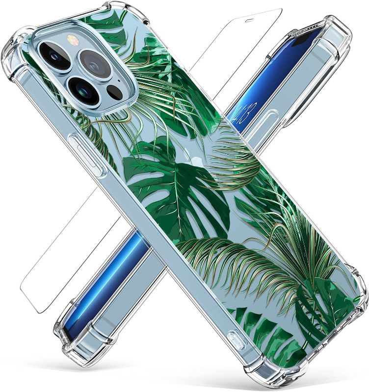 Photo 1 of VeJerKK Case Compatible with iPhone 13 Pro Max 6.7 Inch 2021, with Screen Protector,Clear TPU Bumper Soft Cover Shockproof Protective Women Girls Slim Fit,Green Tropical Palm Leaves Phone Case
