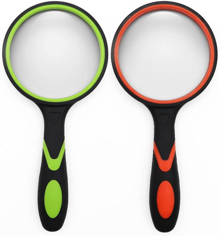 Photo 1 of 2 Pack 75mm 10X Handheld Magnifying Glass Shatterproof Reading Magnifier for Seniors and Kids, Real Glass Magnifying Lens with Non-Slip Rubber Handle for Reading Hobbies and Science (Orange+Green)
