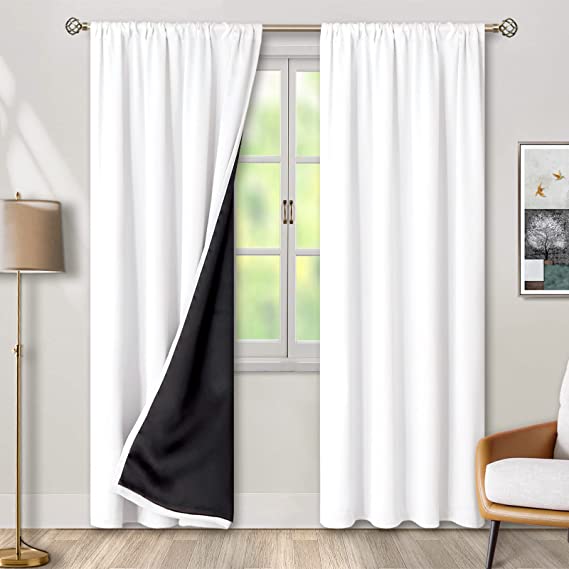 Photo 1 of BGment Thermal Insulated 100% Blackout Curtains 108 Inches Long for Bedroom with Black Liner, Double Layer Full Room Darkening Noise Reducing Rod Pocket Curtain (52 x 108 Inch, Pure White, 2 Panels) 