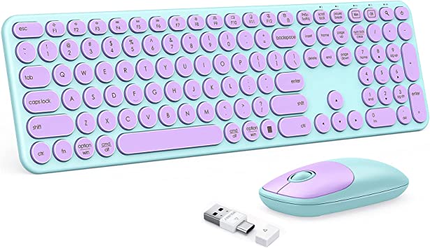 Photo 1 of Wireless Keyboard and Mouse Combo, seenda USB / Type C Wireless Mouse and Keyboard for Mac and Windows, USB C Full Size Round Key Cute Keyboard for Mac, Windows 7/8/10, Laptop, Computer (Purple Green)
