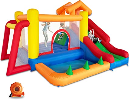 Photo 1 of Baralir 6 in 1 Inflatable Bounce House with Slide and Ball Pit for Kids, Trampoline, Climbing, Soccer Goal and Basketball Slam Dunk Hoop All in One - with Blower
