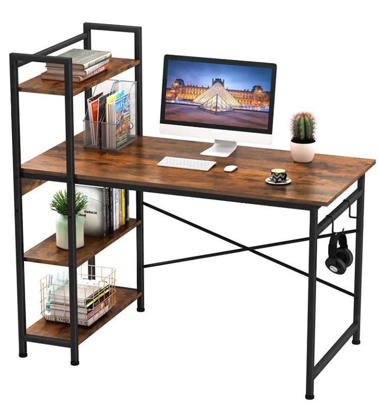 Photo 1 of Engriy Computer Desk with 4 Tier Shelves for Home Office, 47" Writing Study Table with Bookshelf and 2 Hooks, Multipurpose Industrial Wood Desk Workstation with Metal Frame for PC Laptop, Rustic Brown
