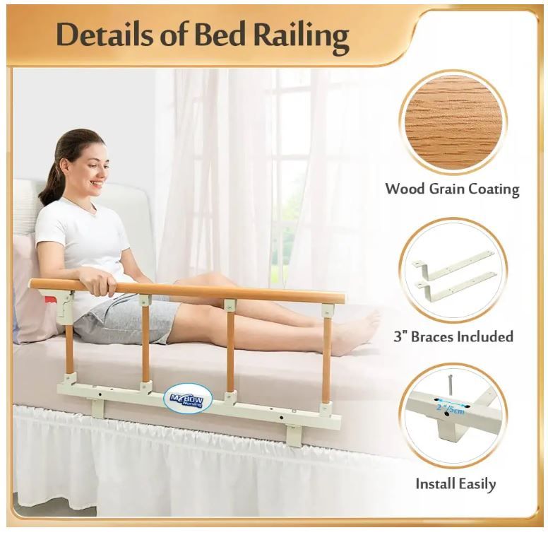 Photo 1 of Bed Rails Safety Assist Handle Bed Railing for Elderly Seniors Adults Guard Rail Folding Hospital Bedside Grab Bar Bumper Handicap Medical Stand Cane Assistance Devices (Wooden Grain)
