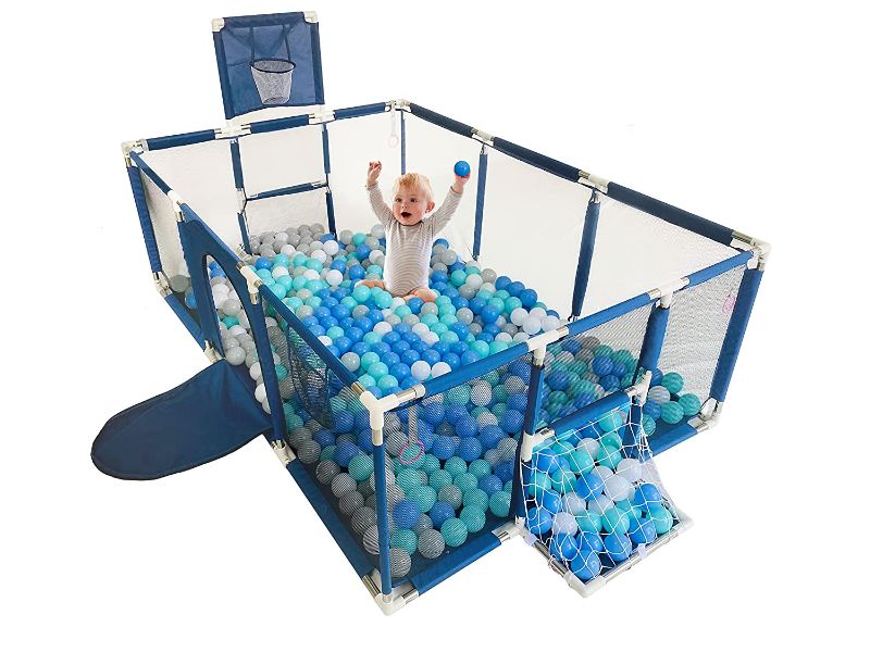 Photo 1 of Large Kids Ball Pit Blue- Portable Indoor Outdoor Gate Playpen,Sturdy Baby Ball Pool Children Safety Play Yard Fence with Football Door Frame (Not Includes Balls)
