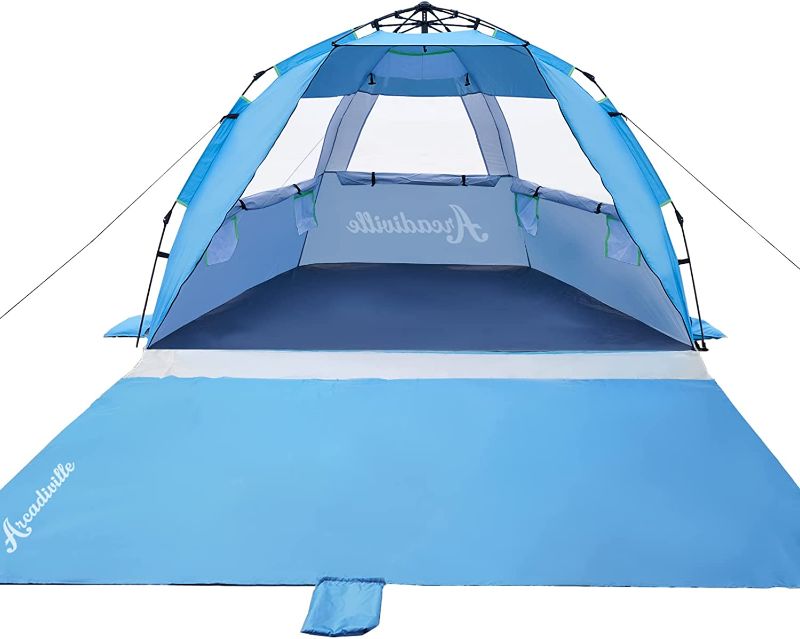 Photo 1 of ArcadiVille Pop up Beach Tent, Anti-UV Sun Shelter 4 Person Tent for Beach UPF 50+, Portable Lightweight Beach Shade Canopy Sun Tent w/ Extended Floor, Guylines & Stakes, 3 Ventilated Windows (Blue)
