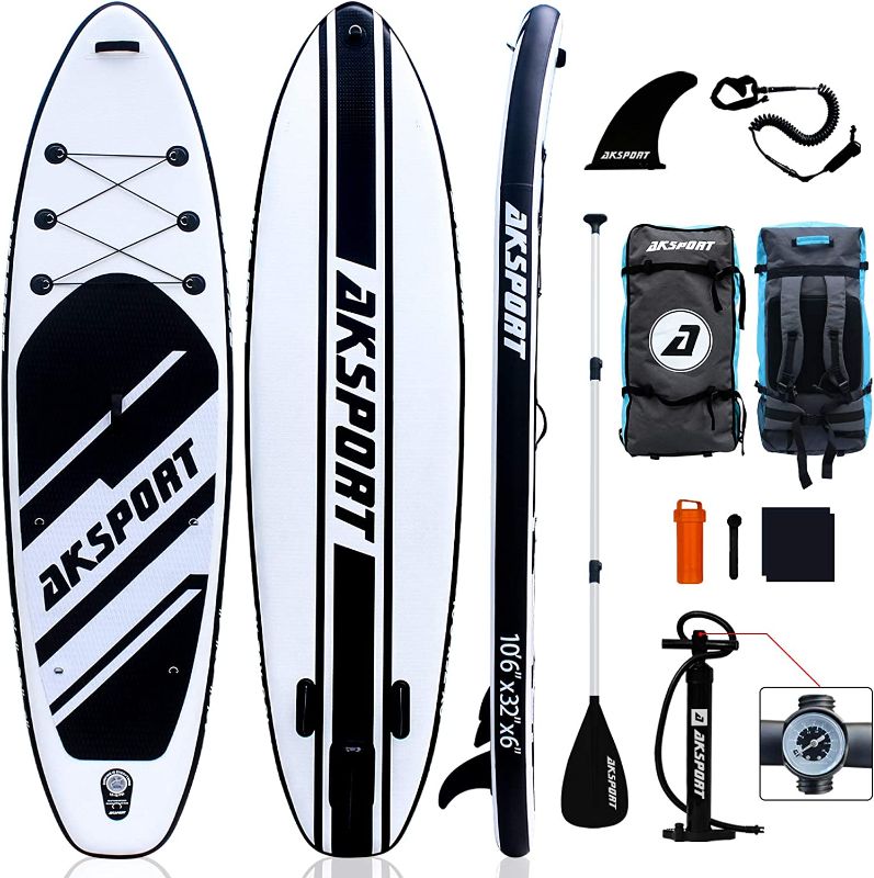 Photo 1 of AKSPORT 10'6"×32"×6" Inflatable Stand Up Paddle Board with Premium Non-Slip Deck,Travel Backpack,Adjustable Paddle,Pump,Leash for Youth & Adult Ultra-Light Surfing SUP Boards
