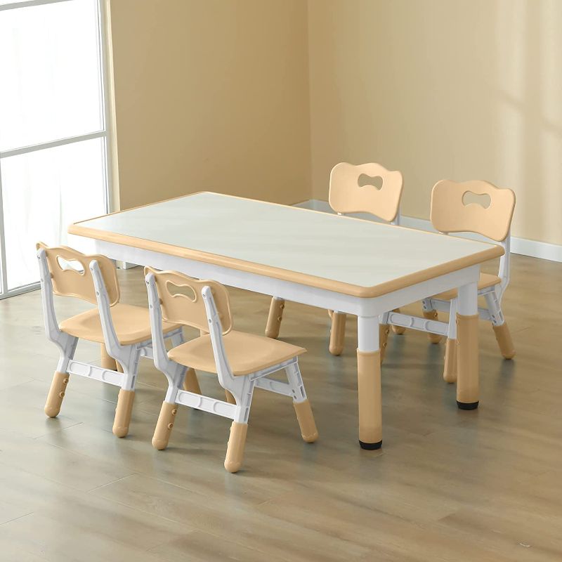 Photo 1 of CuFun Kids Table and 4 Chairs Set, Children Study Table and Dining Table, Toddler Daycare Table and Chairs Set, Height Adjustable Graffiti Table for Ages 2-10, Beige
