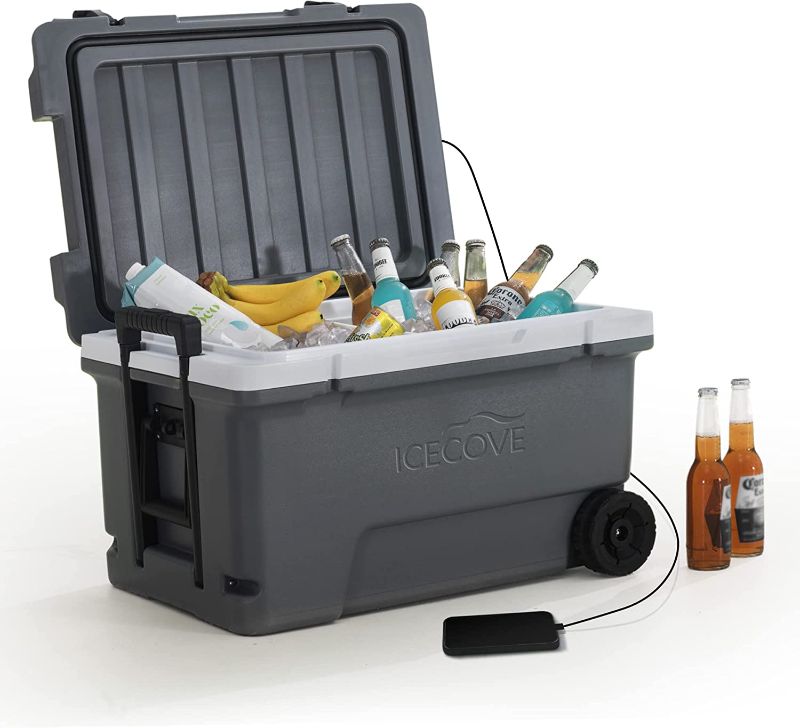 Photo 1 of IceCove 60-Quart Solar Cooler Portable Insulated Ice Chest with Wheels and Handle for Party, Camping, Beach Sand and Outdoor Activities, Heavy Duty Opener and Cup Holder, Castlerock Grey
