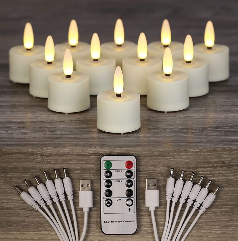 Photo 1 of 12 PCS Rechargeable Flameless Tea Lights Candles Flickering with Remote Timer and 2 USB Charging Cables, 3D Wick Battery Operated Led Decorative Candle Lights for Home, Halloween, Christmas Decor
