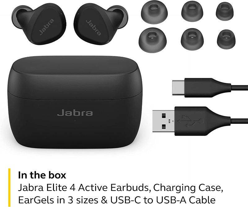 Photo 1 of Jabra Elite 4 Active in-Ear Bluetooth Earbuds – True Wireless Earbuds with Secure Active Fit, 4 Built-in Microphones, Active Noise Cancellation and Adjustable HearThrough Technology – Black
