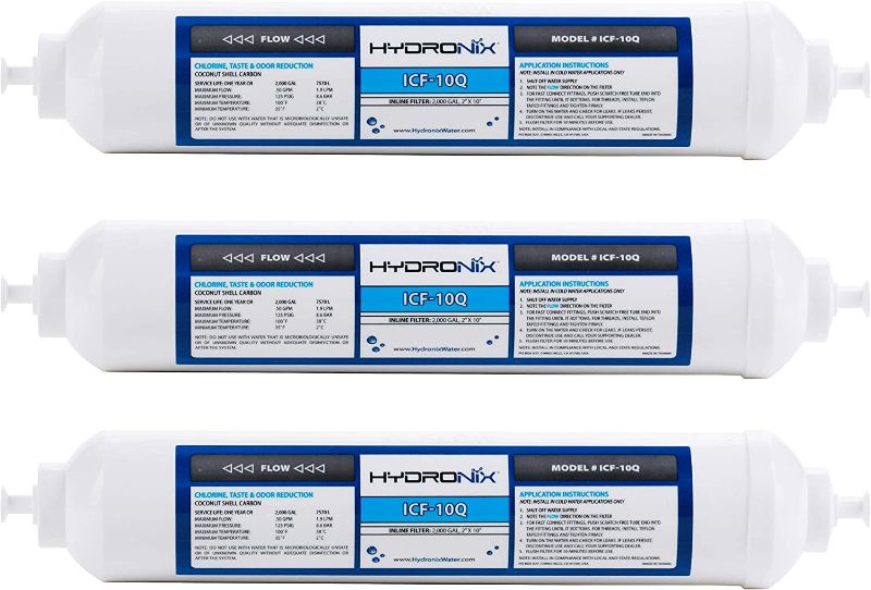 Photo 1 of 3 Pack - Hydronix ICF-10Q Inline Reverse Osmosis Post, Fridge & Ice Coconut GAC Water Filter 2000 Gal, 1/4" QC Ports
