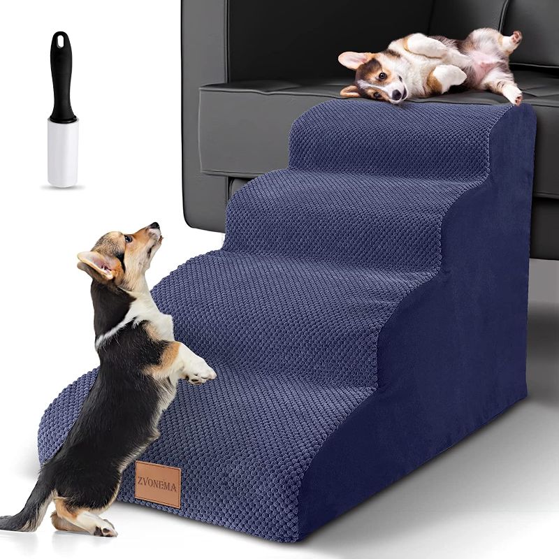 Photo 1 of ZNM Pet Stairs, 4 Tiers High Density Pet Foam Steps, Non-Slip Dog Step for High Bed and Sofa, Extra Wide Deep Dog Ladder/Ramp for Older Dogs, Cats Up to 50 lbs,  Blue
