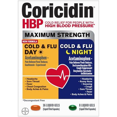Photo 1 of 2 PACK, Coricidin HBP Max Strength Multi-Symptom Cough & Cold, Day/Night Liquid Gel - 24ct, BEST BY 04 2023

