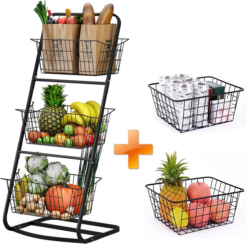 Photo 1 of 3 Tier Market Basket with 2 Wire Storage Baskets, HOWDIA Basket Fruit Stand for Kitchen, Pantry, Shelf, Laundry, Cabinets, Garage (3 Tier Basket and 2 Wire Basket)
