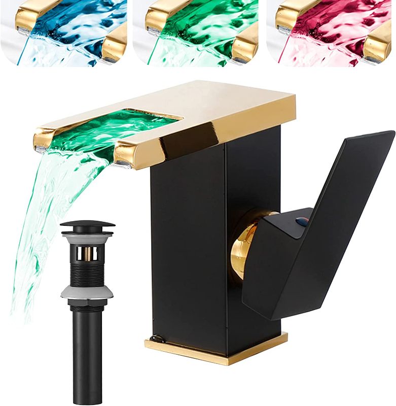 Photo 1 of Bathroom Faucet Black& Gold Led Light 3 Colors Changing Waterfall Spout Single Handle Bathroom Sink Faucet Lavatory Vanity One Hole Matching Pop Up Drain with Overflow Bath Basin Deck Mount Commercial
