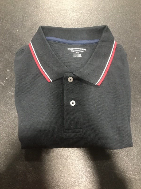 Photo 2 of Amazon Essentials Men's Regular-Fit Cotton Pique Polo Shirt, Black/White/Red, Large
