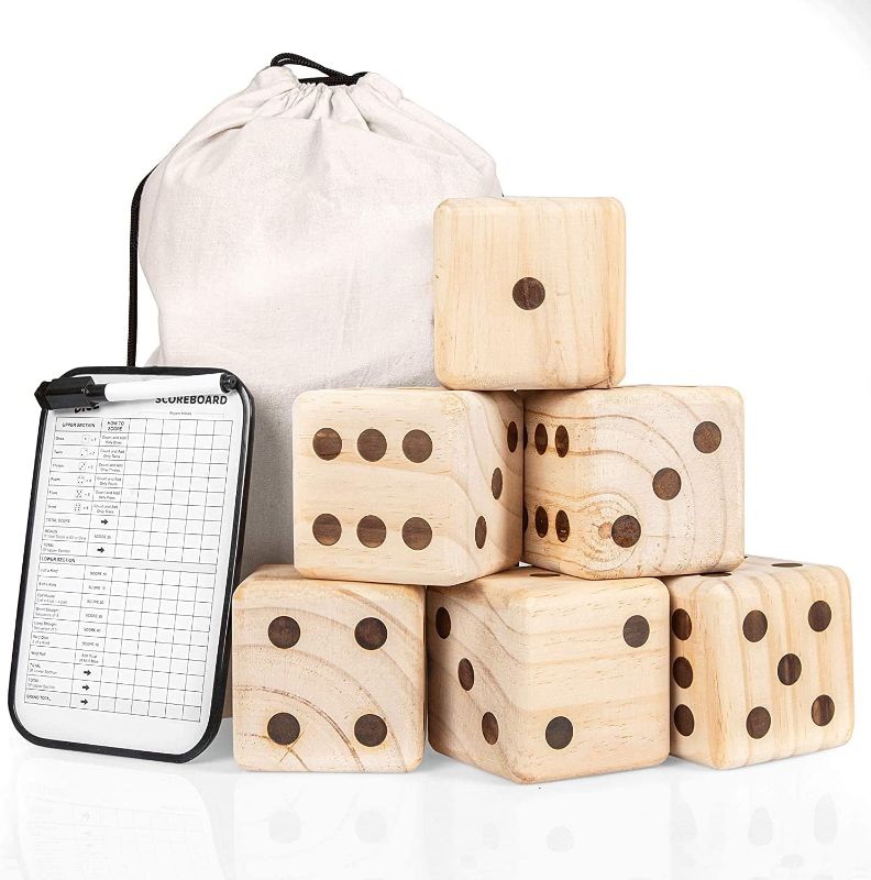 Photo 1 of Barcaloo Yardzee Giant Wooden Yard Dice Set - 3.5 Inch - 6 Jumbo Dice, Marker and Durable Carry Bag - Fun for All Ages and Occasions
