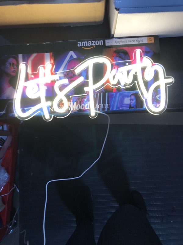 Photo 2 of Ajoyferris Let's Party Neon Signs Dimmable Neon Light Sign for Wall Decor 16''x 7'' Word LED Neon Sign Art Decorative Lights for Bachelorette Party, Engagement Party, Birthday Party,Wedding Party Warm White
