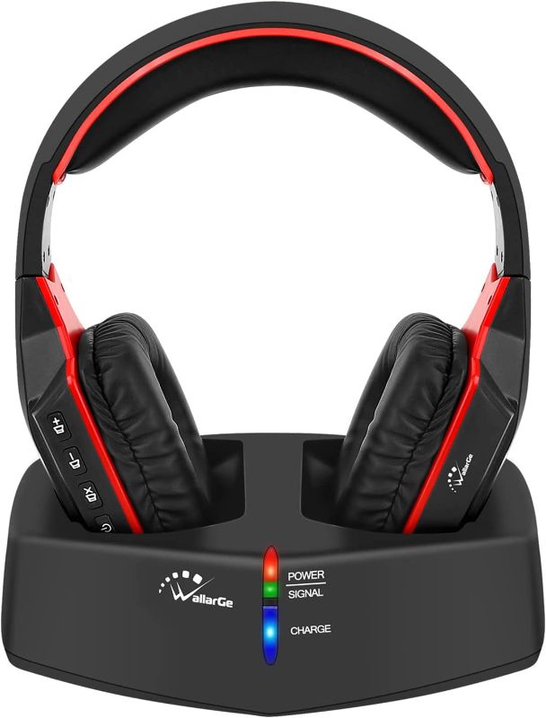 Photo 1 of WallarGe Wireless Headphones for TV Watching with 5.8GHz RF Transmitter Charging Dock, Plug and Play, 100 Ft Wireless Range, Rechargeable 20 Hour Battery (Black with Red)

