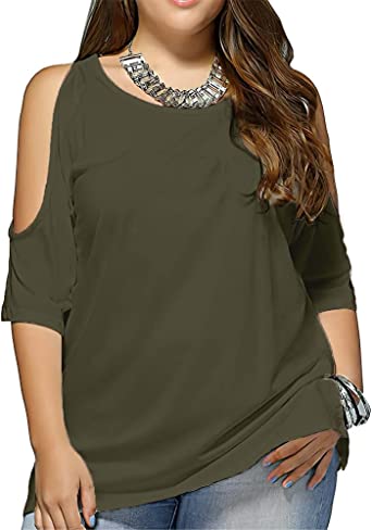 Photo 1 of ALLEGRACE Women Plus Size Cold Shoulder T Shirt Short Sleeve Split Womens Tops
XL