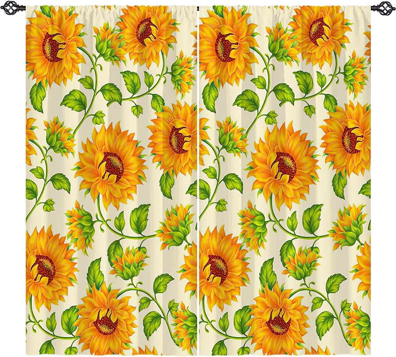 Photo 1 of ANHOPE Sunflower Curtains Oil Oainting Art Theme Window Drapes with Yellow Flower Green Leaf Plant Print Pattern Rod Pocket Decor Curtains for Kitchen Bedroom Cafe Office Door, 2 Panels, 28 x 48 Inch
