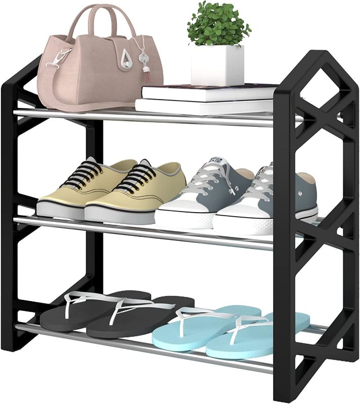 Photo 1 of 3-Tier Small Shoe Rack?Narrow Shoe Rack Storage Lightweight Stackable Sturdy Metal Standing Vertical Shoe Shelf Organizer for Closet,Entryway, Hallway and Bathroom
