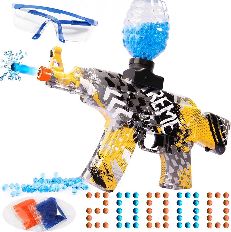 Photo 1 of CAISSA Electric with Gel Ball Blaster, AKM-47 Eco-Friendly Splatter Ball Blaster Automatic, with 20000+ Water Beads and Goggles, for Outdoor Activities - Shooting Team Game, Ages 12+, Yellow
