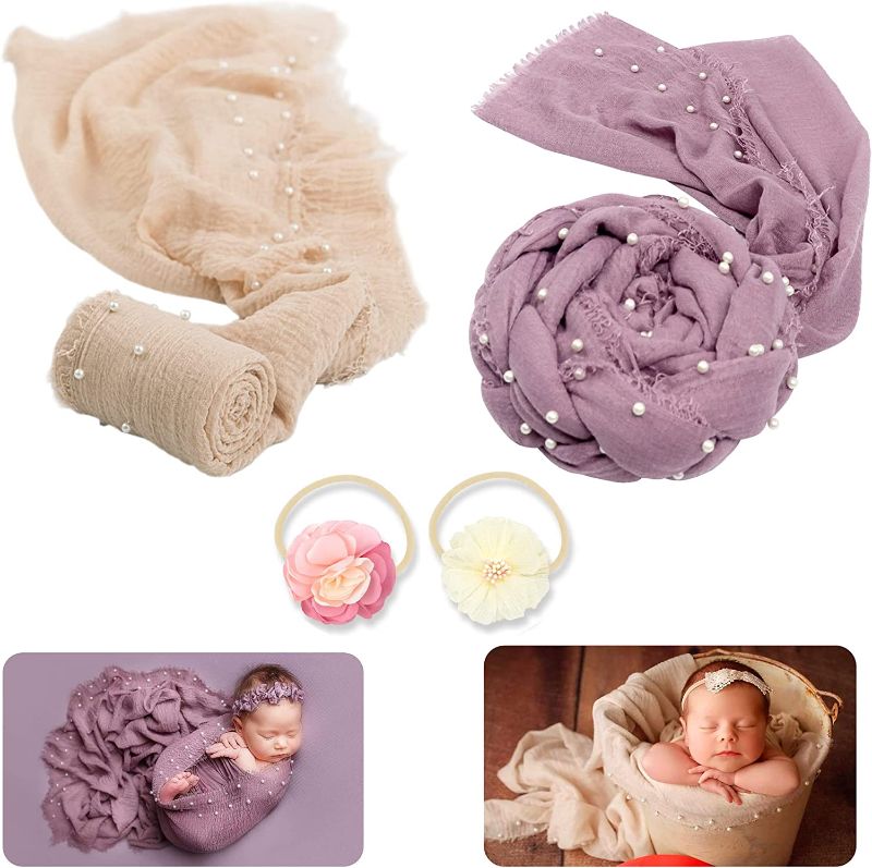 Photo 1 of 4 PCS Newborn Photography Props Wrap Knit Handmade Pearl Decor Wrap Blanket Swaddle Baby Photo Props Baby Photoshoot Props Prop 2PCS Newborn Photography Wraps + 2PCS Headband(Beige/Purple Gray)