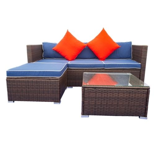 Photo 1 of 3 Pieces Patio Furniture Set Sectioned Wicker Rattan Beige Upholstered Sofa Set Outdoor Furniture Sofa Set with 2 Red Pillows
