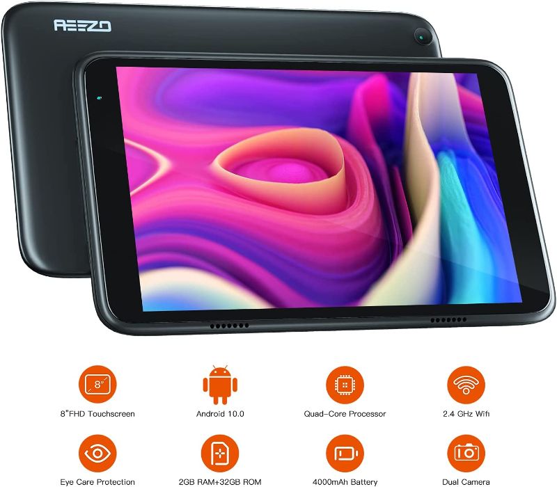 Photo 1 of Tablet 8 inch, AEEZO Android 10.0 Tablets,1920 X 1200 IPS FHD Display,2GB RAM, 32GB Storage, Quad-Core Processor, Long Battery Life, WiFi, Bluetooth, Dual Camera, Black ( TABLET IS LOCKED ) 
