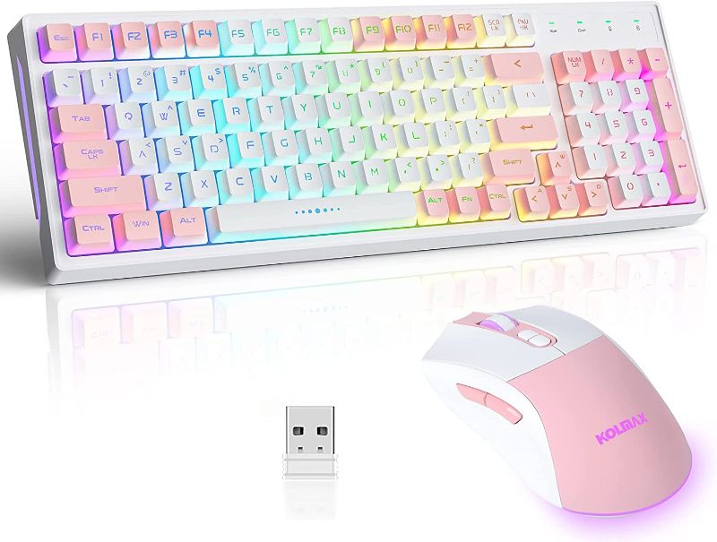 Photo 1 of CK98 Wireless Gaming Keyboard and Mouse Combo,Rechargeable RGB White Gaming Keyboard RGB Backlit 98 Keys Mechanical Feeling Dual Color Keyboard and Gaming Mouse 3200DPI for PC Mac Gamers(WhitePink)
