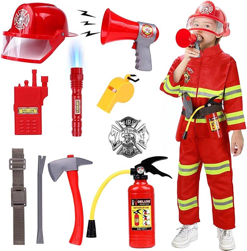 Photo 1 of Golray Kids Fireman Costume Role Play Dress Up Set Firefighter Accessories Toys Fireman Costume Coat and Pants
