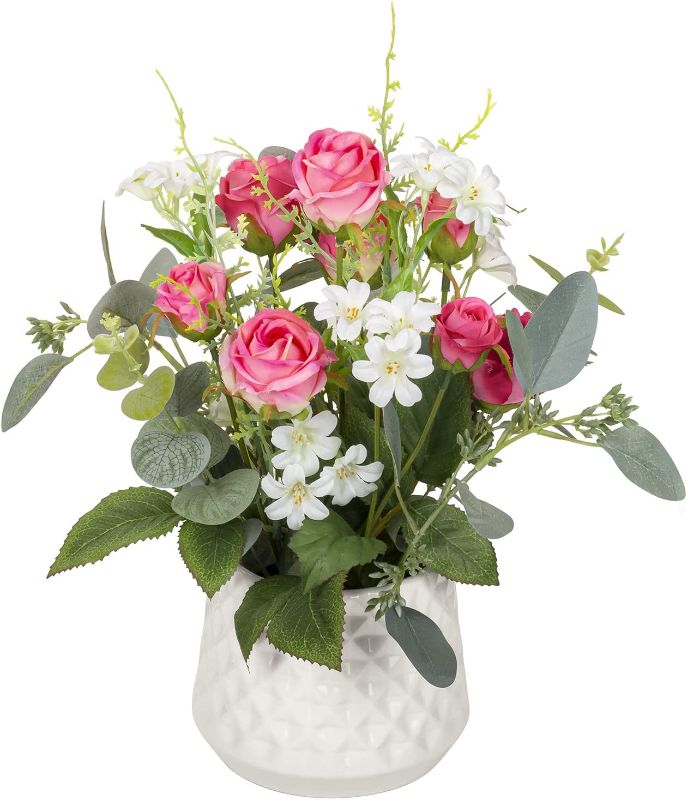 Photo 1 of Artificial Floral Arrangements for Home Decoration, Roses Artificial Flowers Realistic Fake Plants Eucalyptus Leaves with Ceramics Vase, Mixed Faux Floral Arrangement for Home Office
