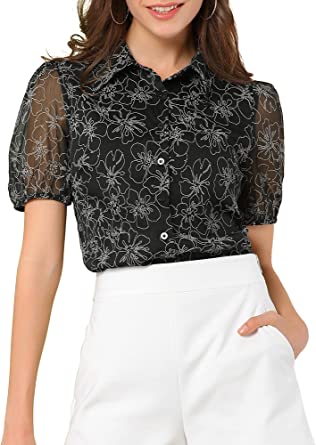 Photo 1 of Allegra K Women's Sheer Mesh Puff Short Sleeve Button Down Casual Floral Shirt--- size large
