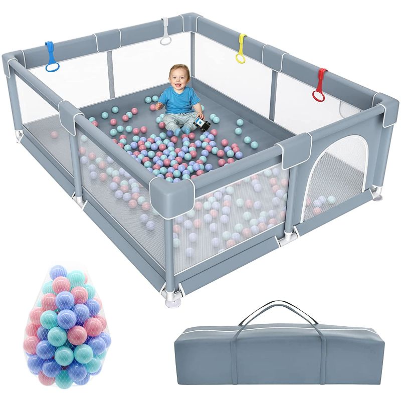 Photo 1 of Baby Playpen, 79”×71” Extra Large Playpen for Babies and Toddlers, Indoor & Outdoor Baby Play Yard with 80 Pit Balls, Prevent Climbing and No Gaps Baby Gate Playpen with Storage Bag
