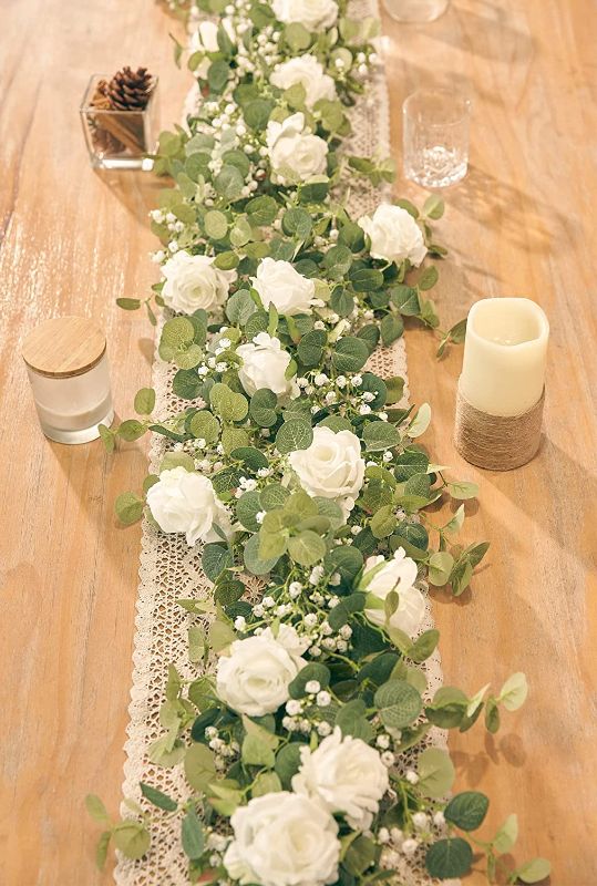 Photo 1 of Anna's Whimsy 5.91FT Artificial Eucalyptus Garland with Flowers, Fake Rose Gypsophila Garland, Faux Floral Garland Greenery Garland for Wedding Home Party Craft Art Table Runner Decor (White, 1)
