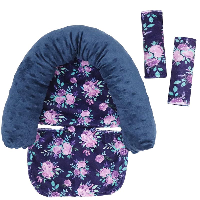 Photo 1 of Baby Carseat Headrest and Strap Covers, Purple Floral Minky Infant Strollers Head Support & Seat Belt Cover, Toddler Strollers Headrest and Neck Cover, Car Accessories for Newborn Boys & Girls
