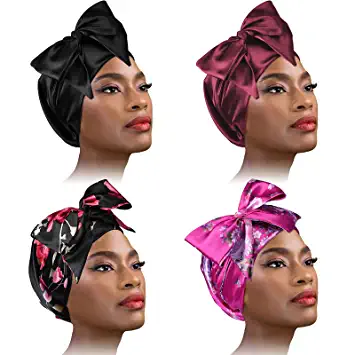 Photo 1 of 4 Pieces Soft Satin Head Scarf Sleeping Cap Turbans Head Cover Bonnet Head Wear for Women (Set 4)
