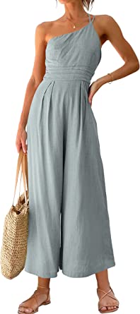 Photo 1 of ANRABESS Women's Summer Straps One Shoulder Pleated High Waist Casual Wide Leg Jumpsuit Romper with Pockets. SMALL
