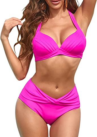 Photo 1 of ABENCA Women's Halter Swimsuits Push Up Bikini High Waisted Ruched Molded Two Piece Bathing Suits Swimwear. MED
