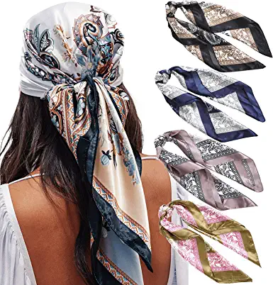 Photo 1 of 35” Satin Large Square Head Scarves - 4PCS Silk Like Neck Scarf Hair Sleeping Wraps Lightweight Satin Silk Scarfs for Women
