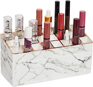Photo 1 of 2-Tier Marble Makeup Organizer with Gold Trim, Lipstick Display Case, Brushes & Vanity Storage (9.15 x 4.5 x 3.75 in)
