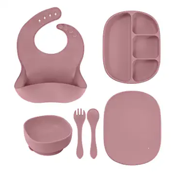 Photo 1 of Baby Feeding Eating Supplies – Csficts Baby Feeding Set - Silicone Divided Suction Plate, Suction Bowl, Silicone Bib, Spoon & Fork - Baby Led Weaning Supplies Toddler Self Feeding Utensils Dishes Set
