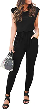 Photo 1 of ANRABESS Women's Summer Casual Cap Sleeve Crewneck High Wasit Jumpsuits Rompers with Pockets
SMALL 